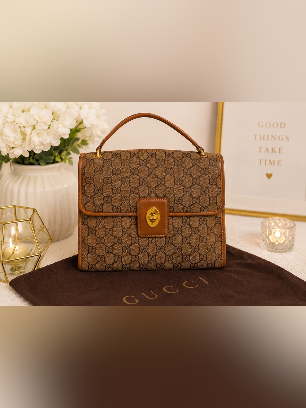 Gucci Tan Brown Monogram Leather Bag with Embossed Serial